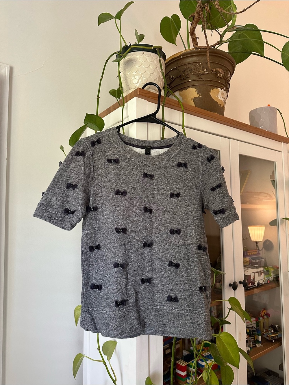 J. Crew Gray Short-Sleeve Knit Top with Black Bow Accents